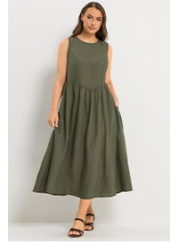 YOURS Curve Khaki Green Sleeveless Linen Midi Dress