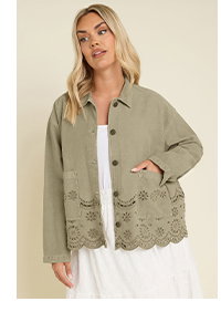 YOURS Curve Khaki Green Broderie Anglaise Twill Shacket