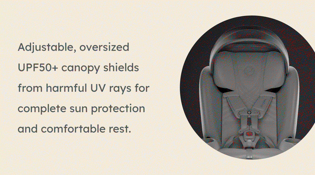 Adjustable, oversized UPF50+ canopy shields from harmful UV rays for complete sun protection and comfortable rest.