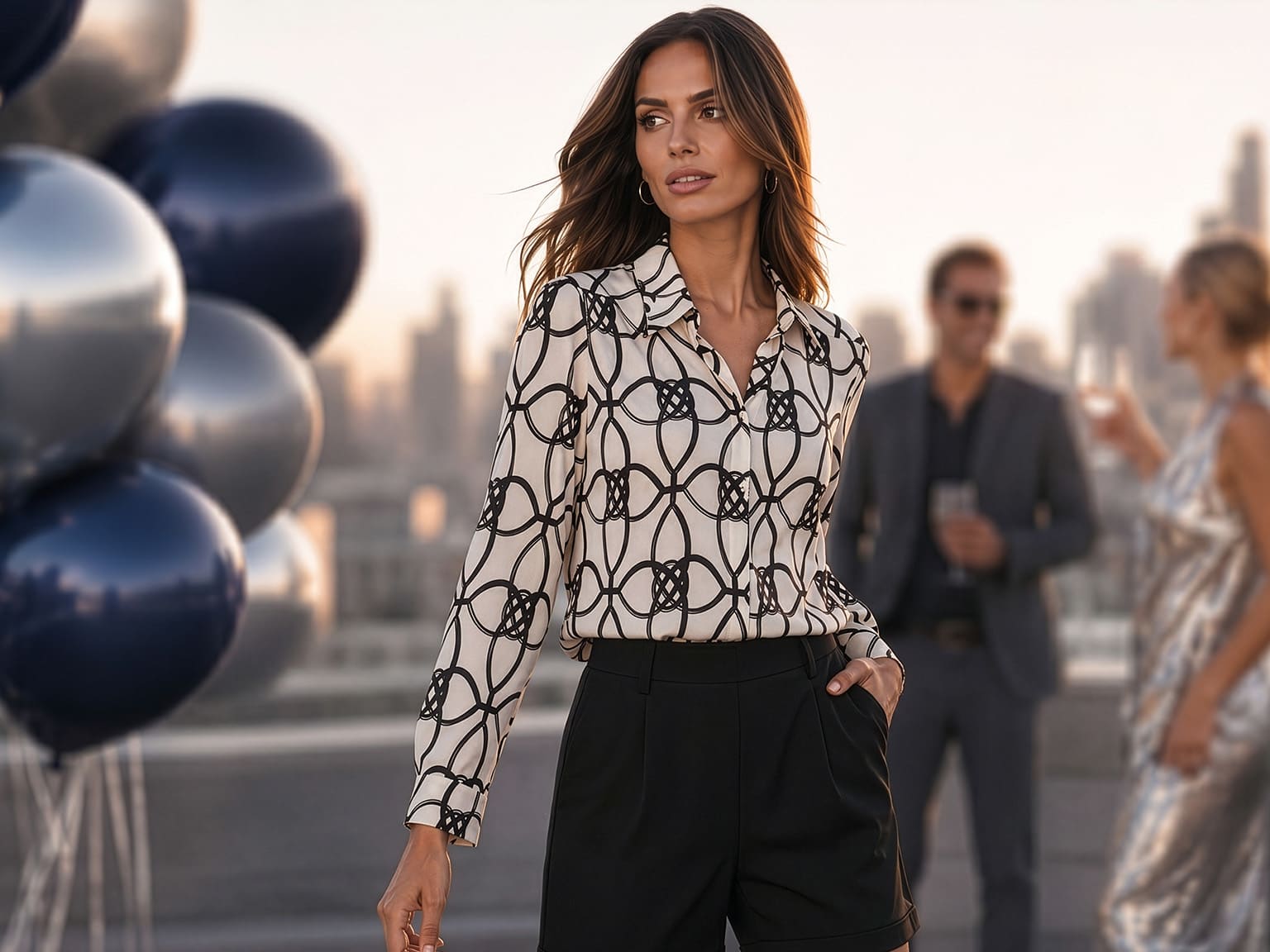 Ein Model trägt eine weiße Bluse mit schwarzem Kettenmuster und schwarze Hose, steht auf einer Dachterrasse, im Hintergrund zwei Personen und blaue Ballons.