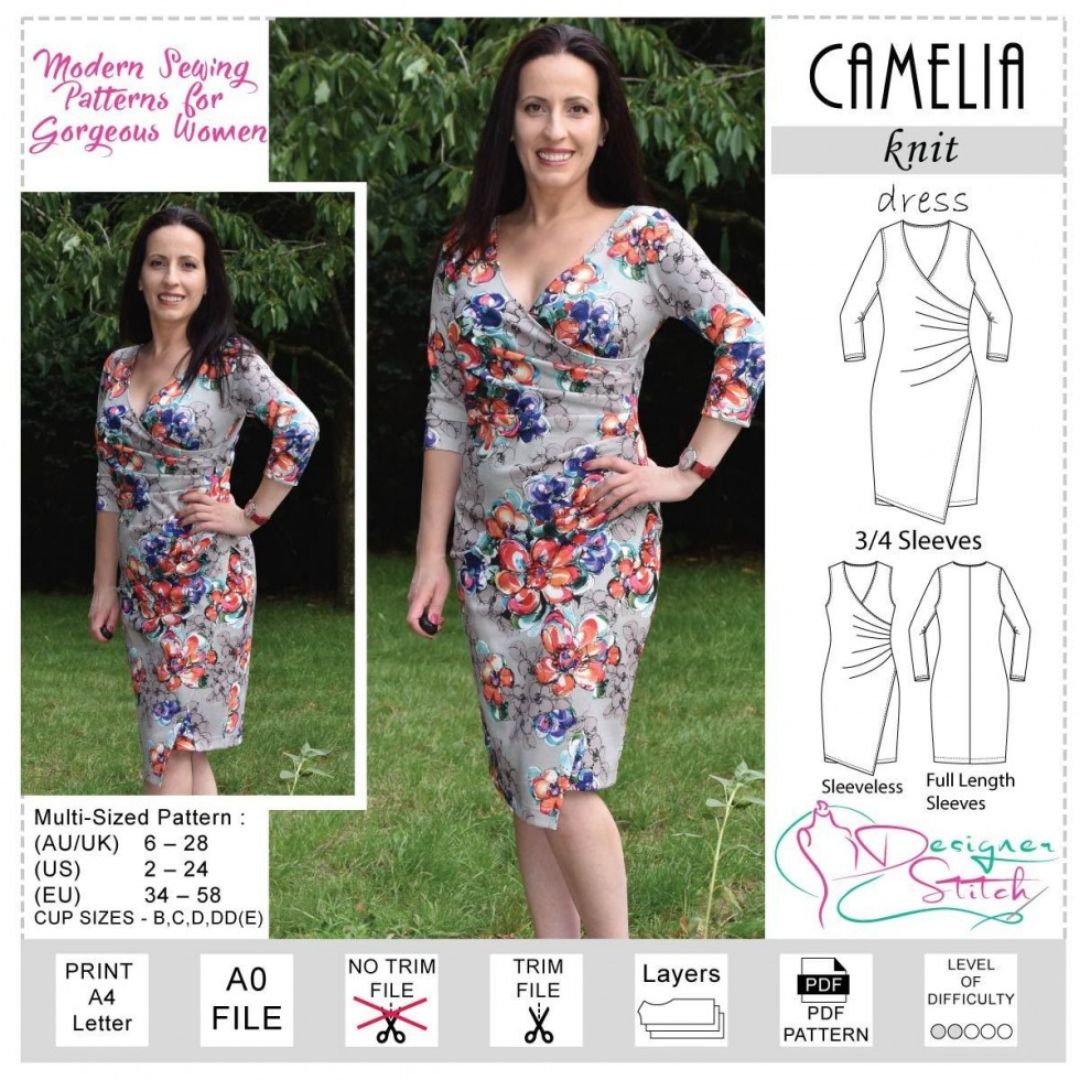 Designer Stitch Sewing Pattern Camelia Draped Jersey Dress (PDF)