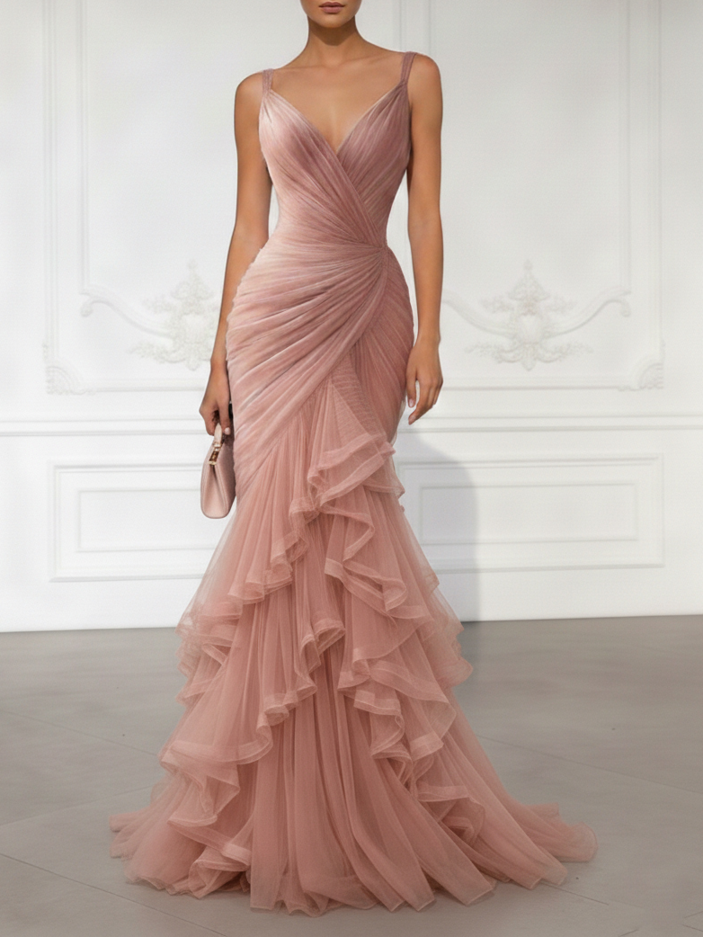Pink Folds Tulle Spaghetti Sleeveless Mermaid Gown Dress