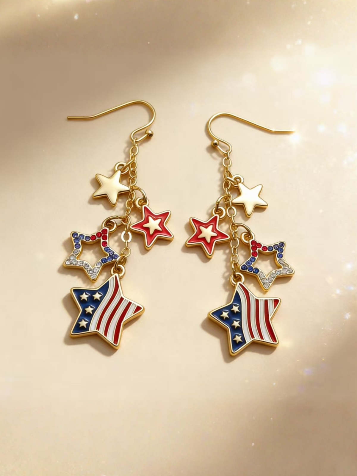 USA Patriotic Star & Stripes Dangle Earrings – Elegant Rhinestone American Flag Drop Earrings in Gold-Tone Alloy