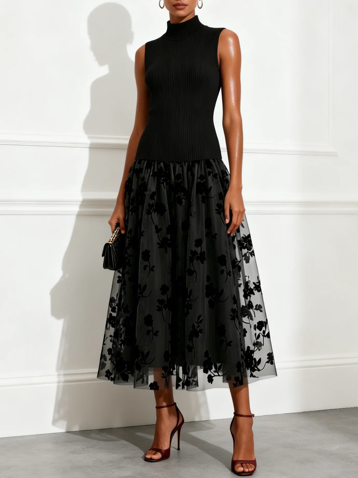 Black Flocked Knit High Neck Sleeveless A-Line Maxi Dress