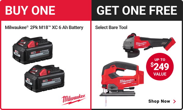 Buy One Milwaukee 2Pk M18 XC 6 Ah Battery, Get a Select Bare Tool FREE. Up to $249 Value.
SHOP NOW