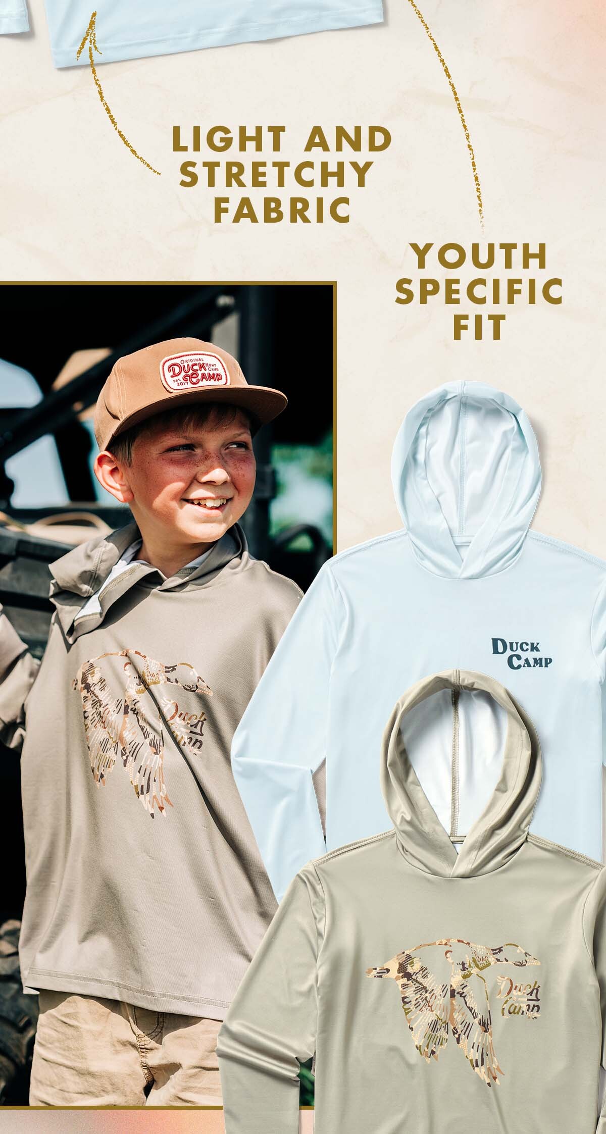 Lightweight stretch fabric | UPF sun protection | Built for fishing & hunting | Comfortable all-day fit | Youth-specific sizing