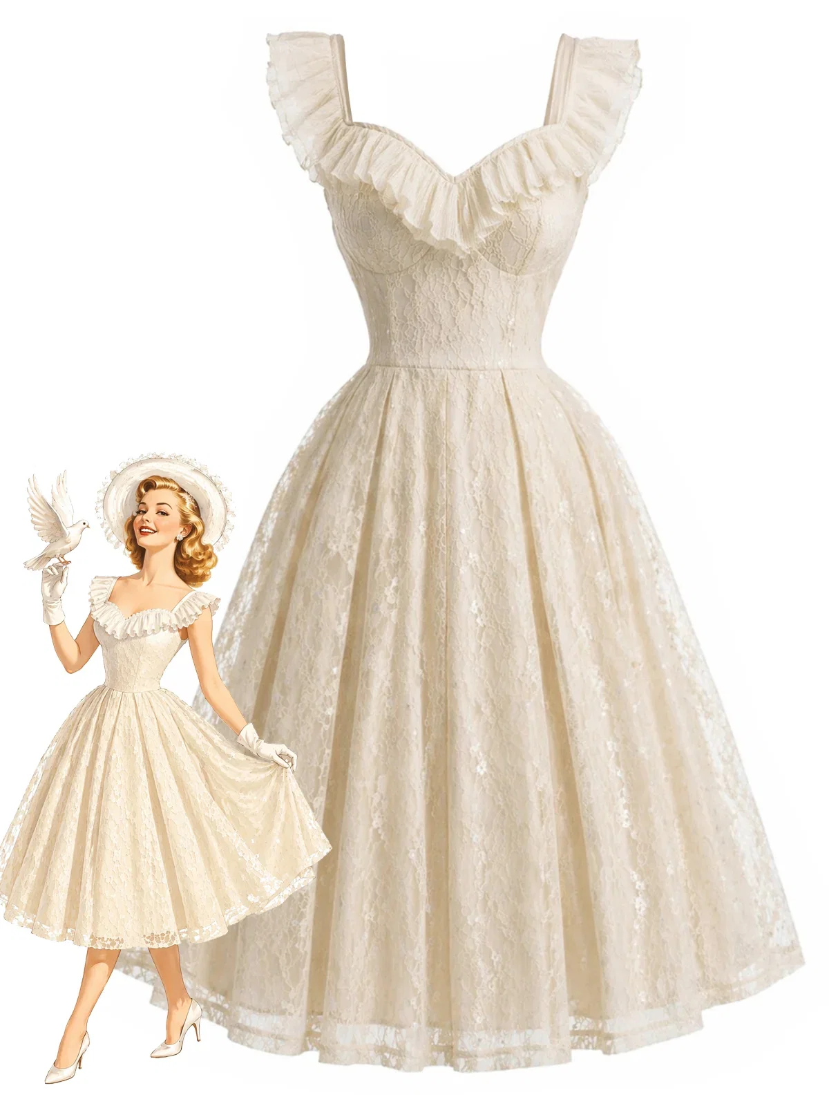 [Pre-Sale] Orange 1950s Lace Ruffle Sweetheart Neck Swing Dress