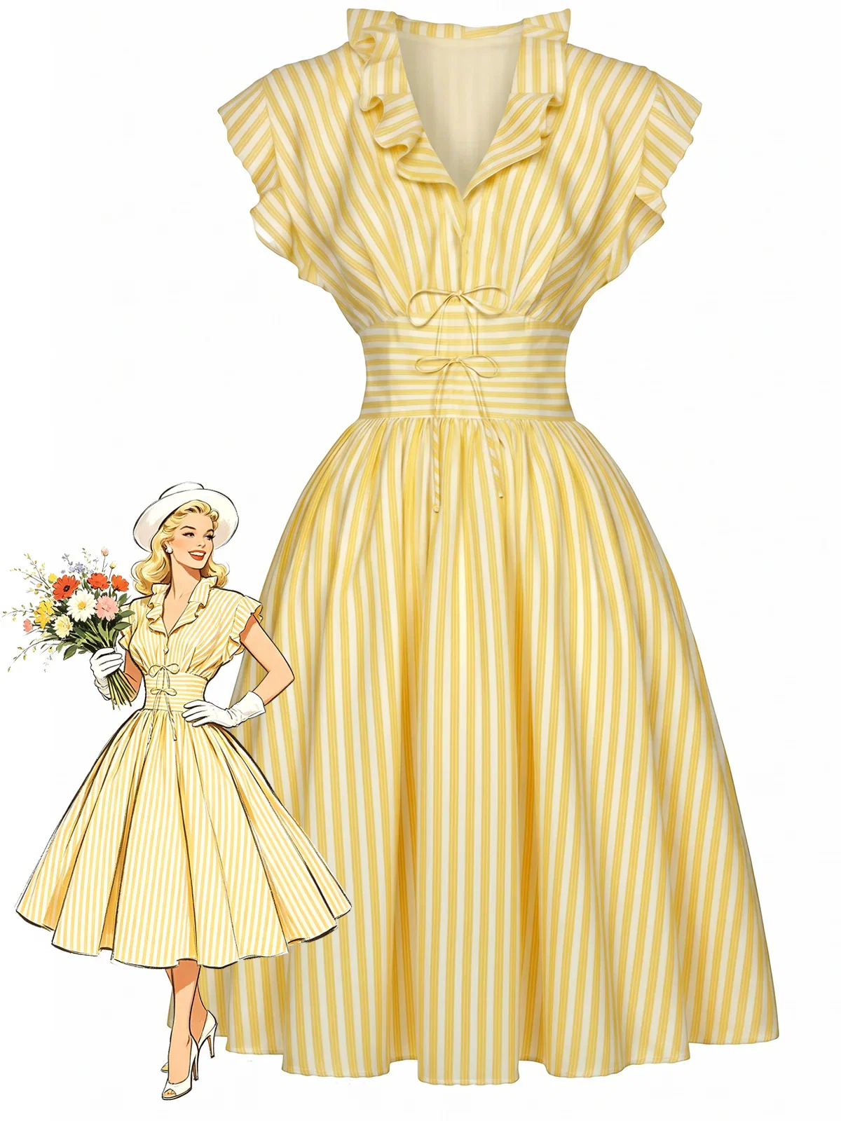 [Pre-Sale] Light Yellow 1950s Stripe Ruffle Collar Tie Waist Dress