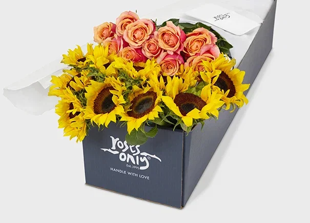 Image of Cherry Brandy Roses With Sunflowers Gift Box (ROA65)