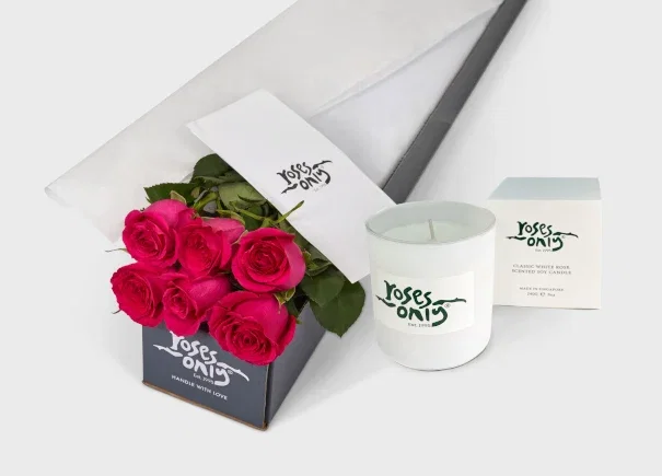 Image of Bright Pink Roses Gift Box 6 & Scented Candle (ROA39-006)
