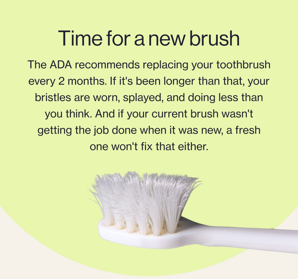 Time for a new brush The ADA recommends replacing your toothbrush every 2 months. If it's been longer than that, your bristles are worn, splayed, and doing less than you think. And if your current brush wasn't getting the job done when it was new, a fresh one won't fix that either.