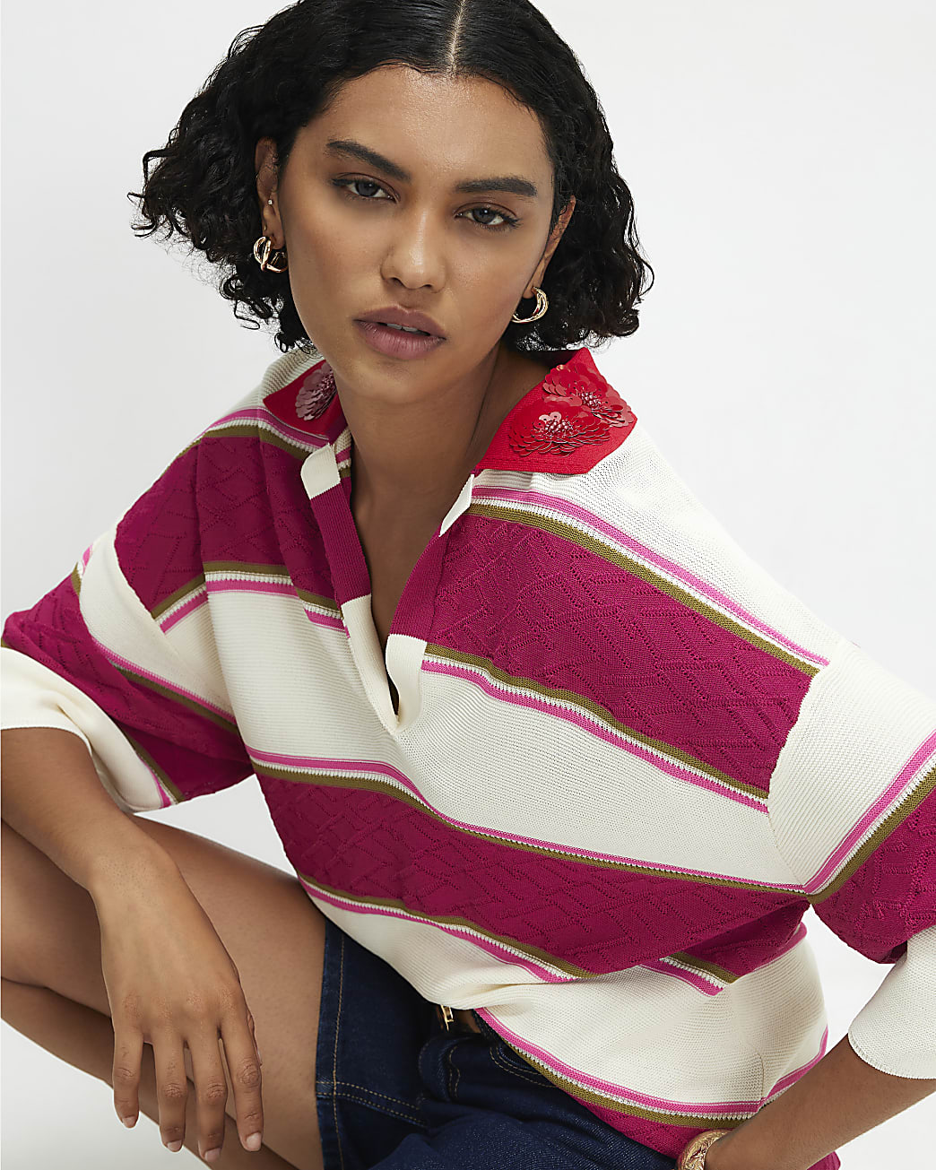 Womens Pink Colour Blocked Knit Diamante Polo Top