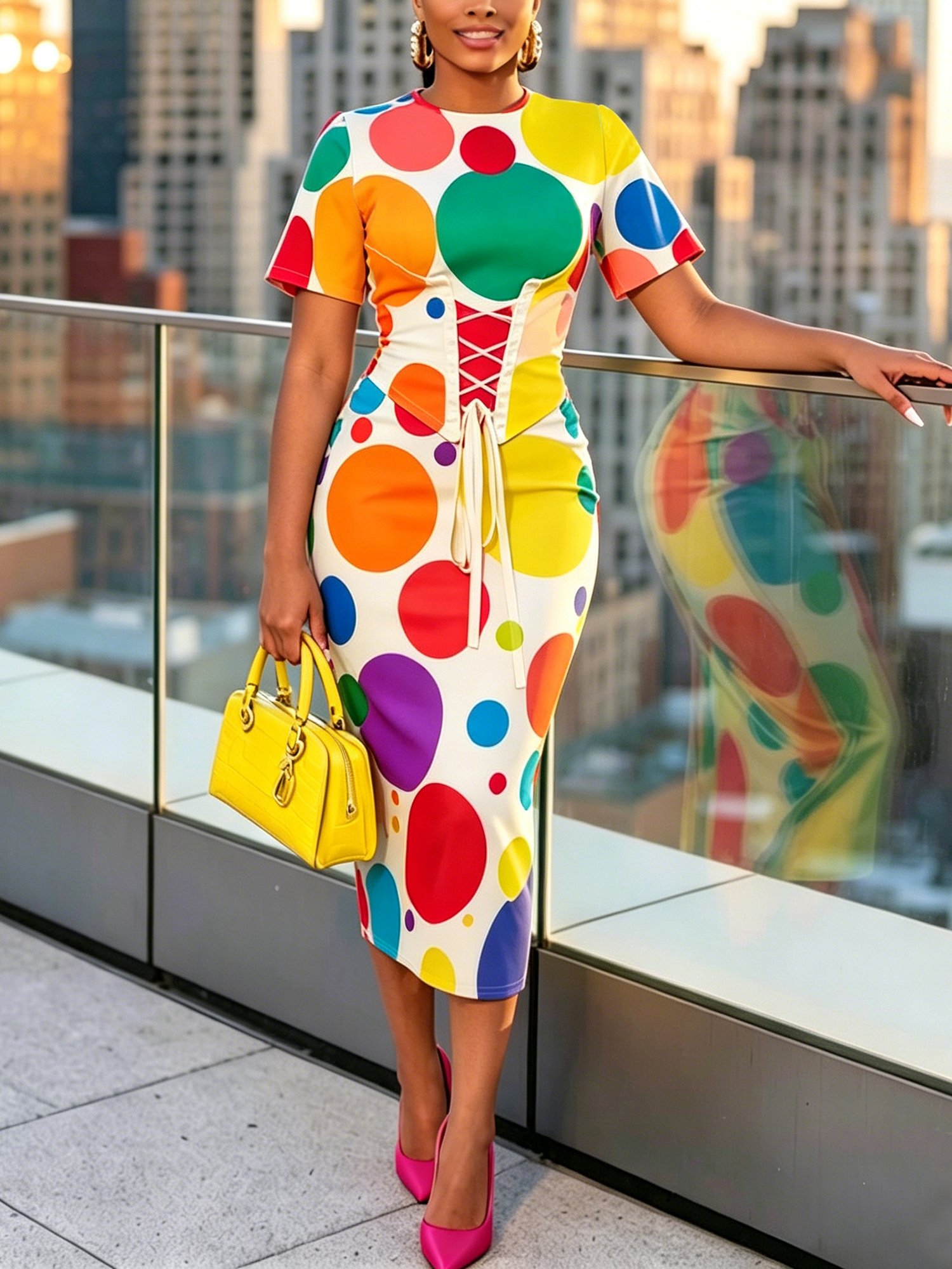 Elegant Polka Dots Printing Slim Fit Midi Dress