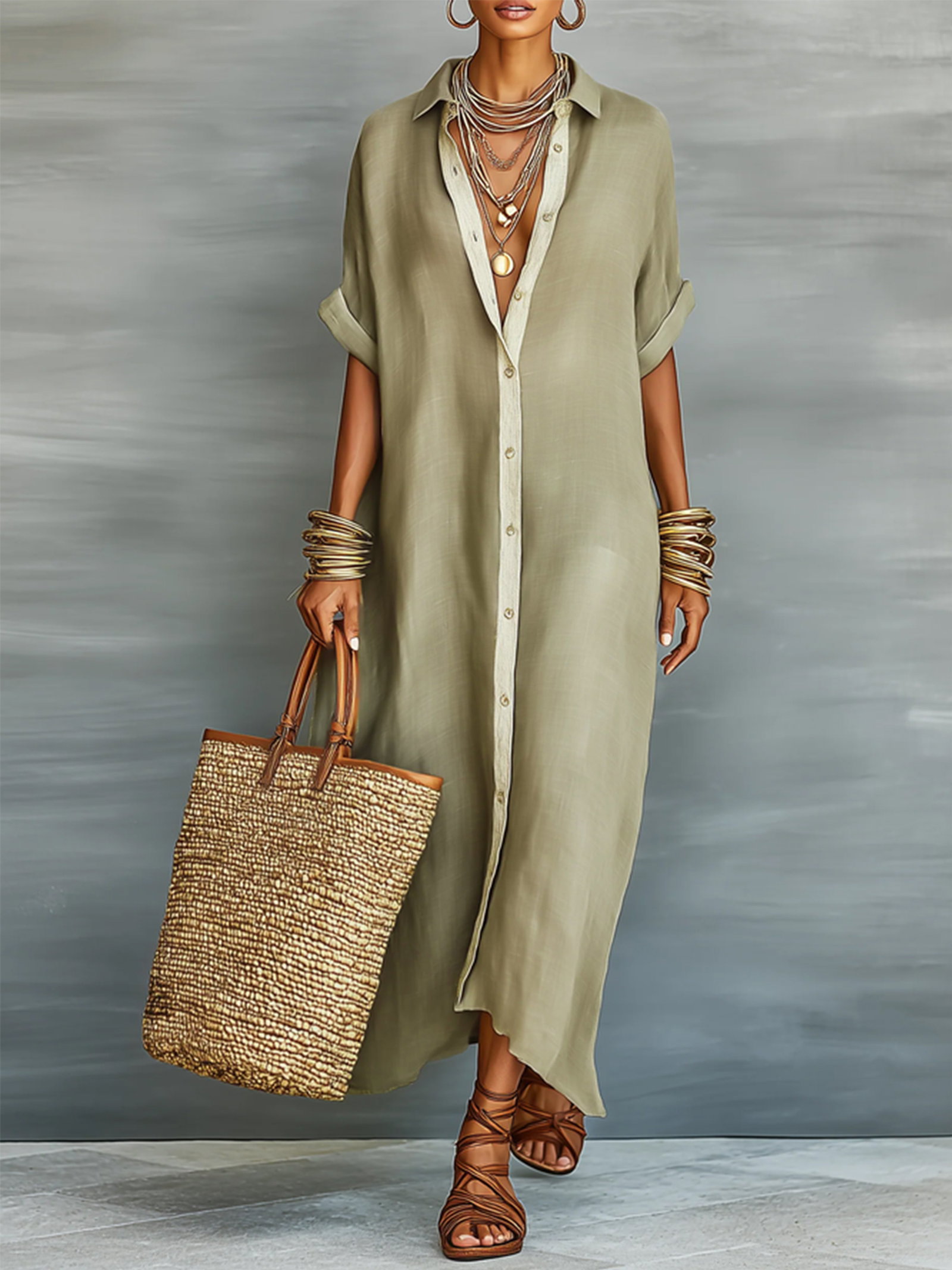Casual Colorblock Relaxed Maxi Shirt Dress