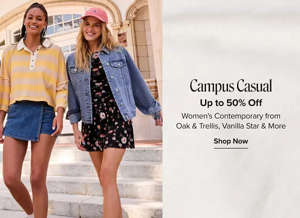 Campus casual. Up to 50% off womens contemporary from Oak & Trellis, Vanilla Star and more. A woman in a gray sweater over a collared shirt sitting on school bleachers.
