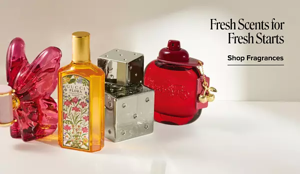 Fresh scents for fresh starts. Shop fragrances. Various bottles of different perfume.