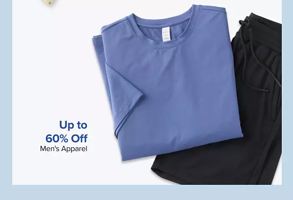 Up to 60% off mens apparel. A blue shirt and balck sweatpants.