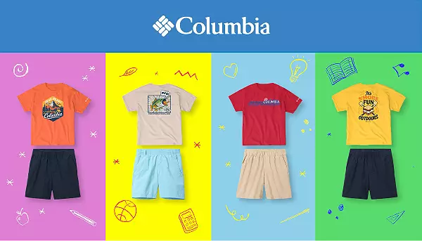 Columbia. Different sets of kids outfits on a colorful grid.