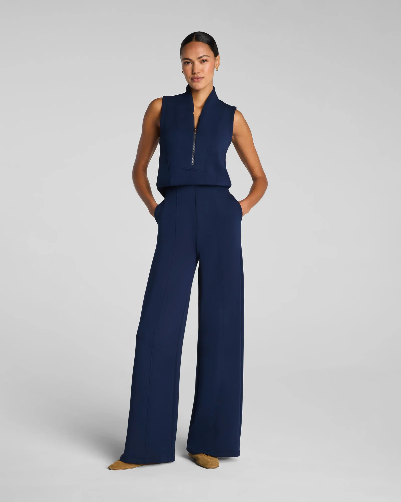 Image of Spanx Women's SPANX AirEssentials Shawl Collar Half Zip Top Jumpsuit in Timeless Navy
