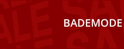 Ein roter Textbanner, führt direkt in die Kategoerie Bademode