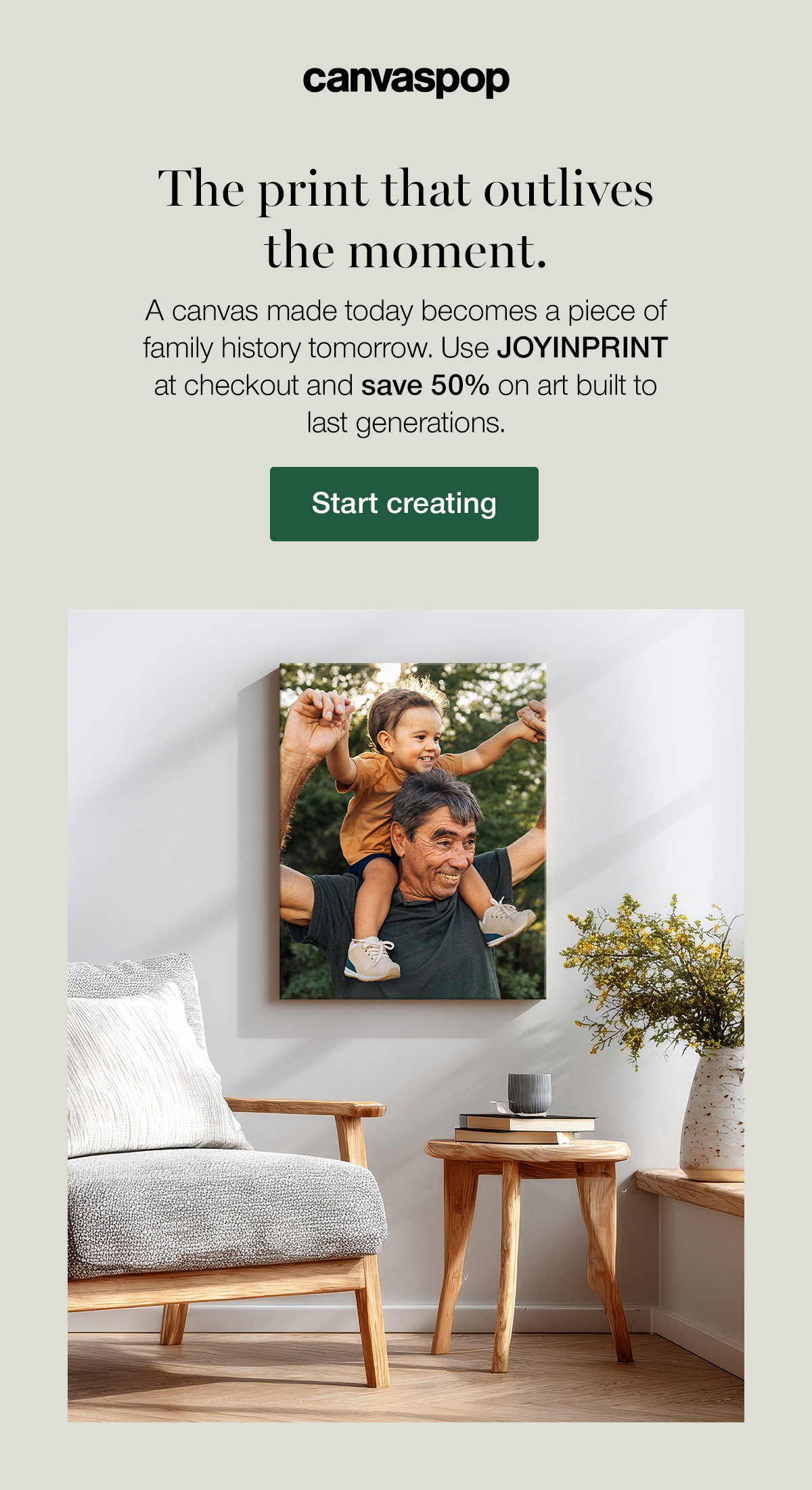 The print that outlives the moment. A canvas made today becomes a piece of family history tomorrow. Use JOYINPRINT at checkout and save 50% on art built to last generations. Start creating.