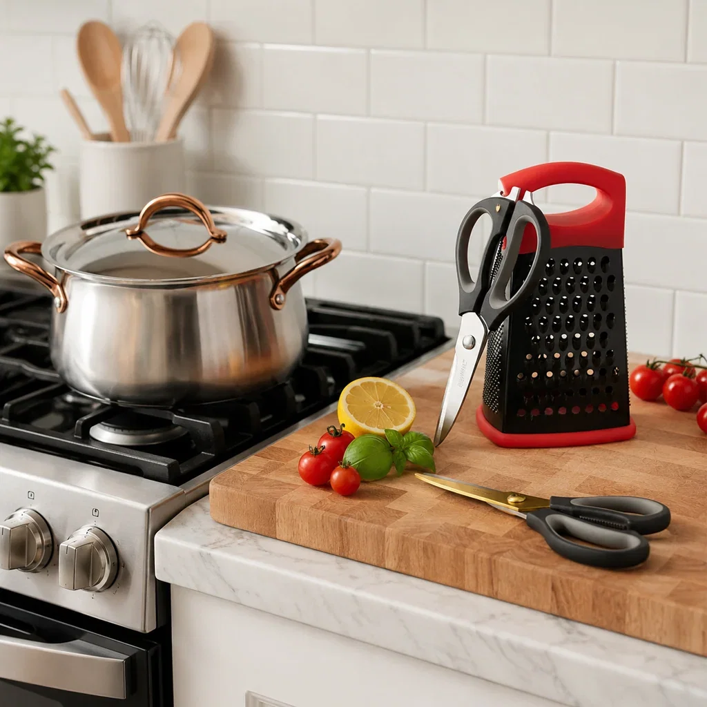 Modern kitchen setup featuring stainless steel cookware, grater, scissors, and fresh ingredients on wooden cutting board.