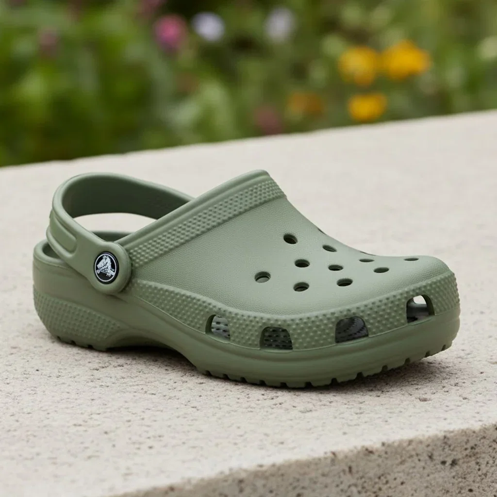 Sage green Crocs clog with ventilation holes, heel strap, and signature button, displayed on concrete with blurred garden background.