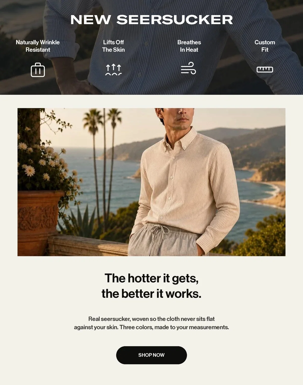 New seersucker: naturally wrinkle resistant, lifts off the skin, breathes in heat, custom fit. The Seersucker Mercer Shirt, $158