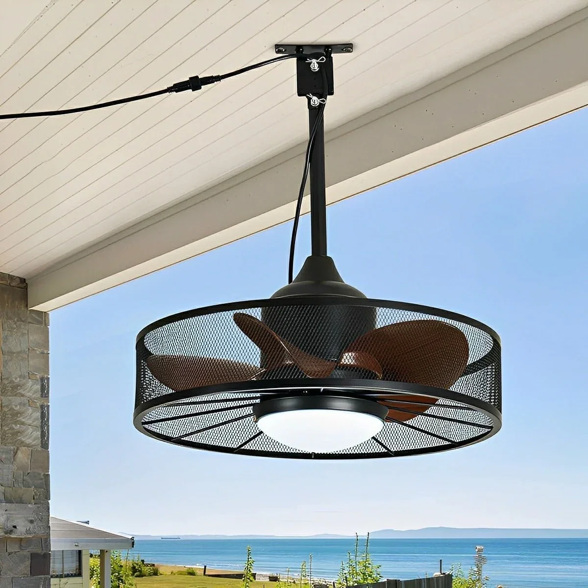 Image of Rustic Mesh Ring - Round Outdoor DC Motor Reverse Ceiling Fan Light
