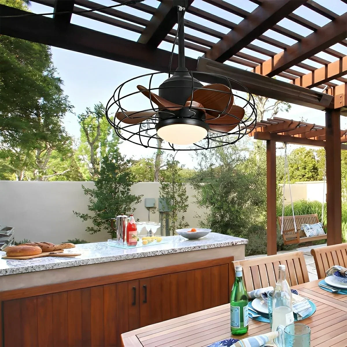 Image of Rustic Round Outdoor DC Motor Reverse Ceiling Fan Light 19.69"