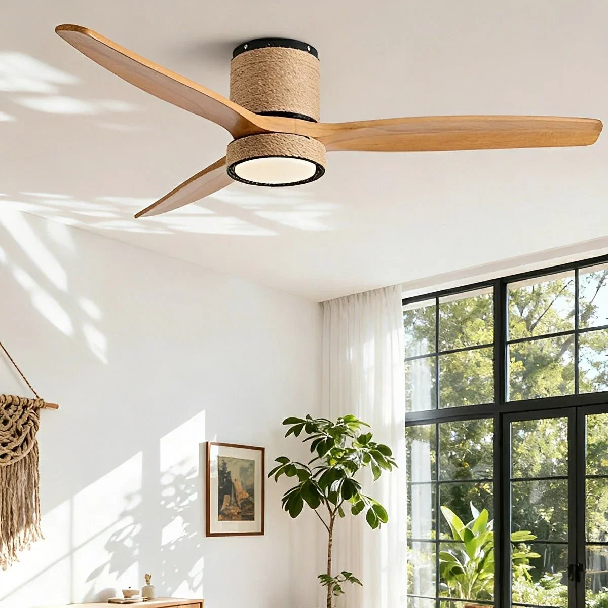 Image of Vintage Coastal Wood Hemprope Reverse Ceiling Fan-with Light