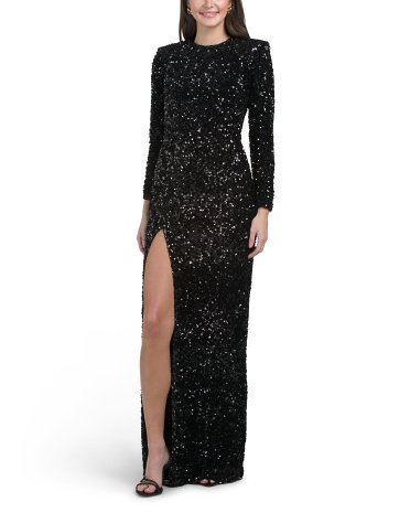 Quinn Long Sleeve Sequined Gown For Women, Spandex/Polyester