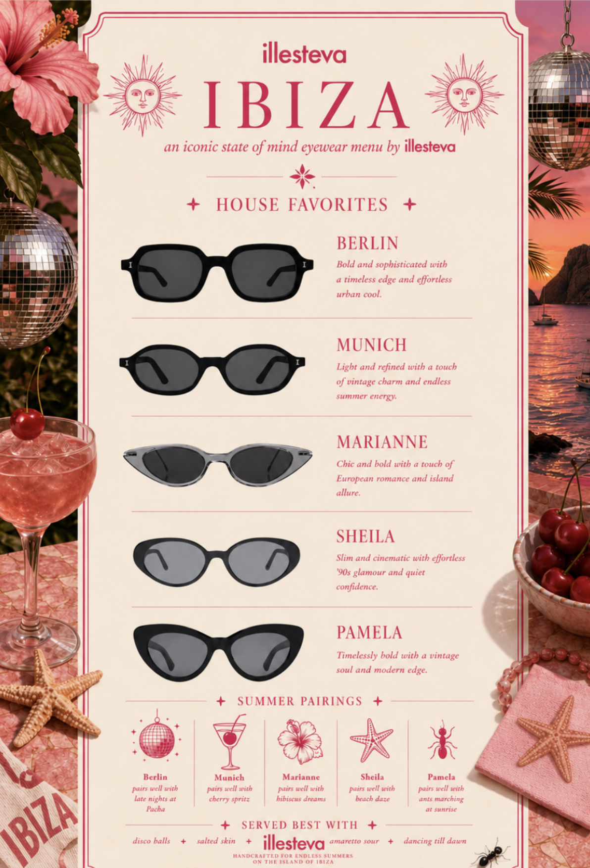 Menu of styles including Queens, Telluride, Lugano, Sheila, and Lisbon Sunglasses