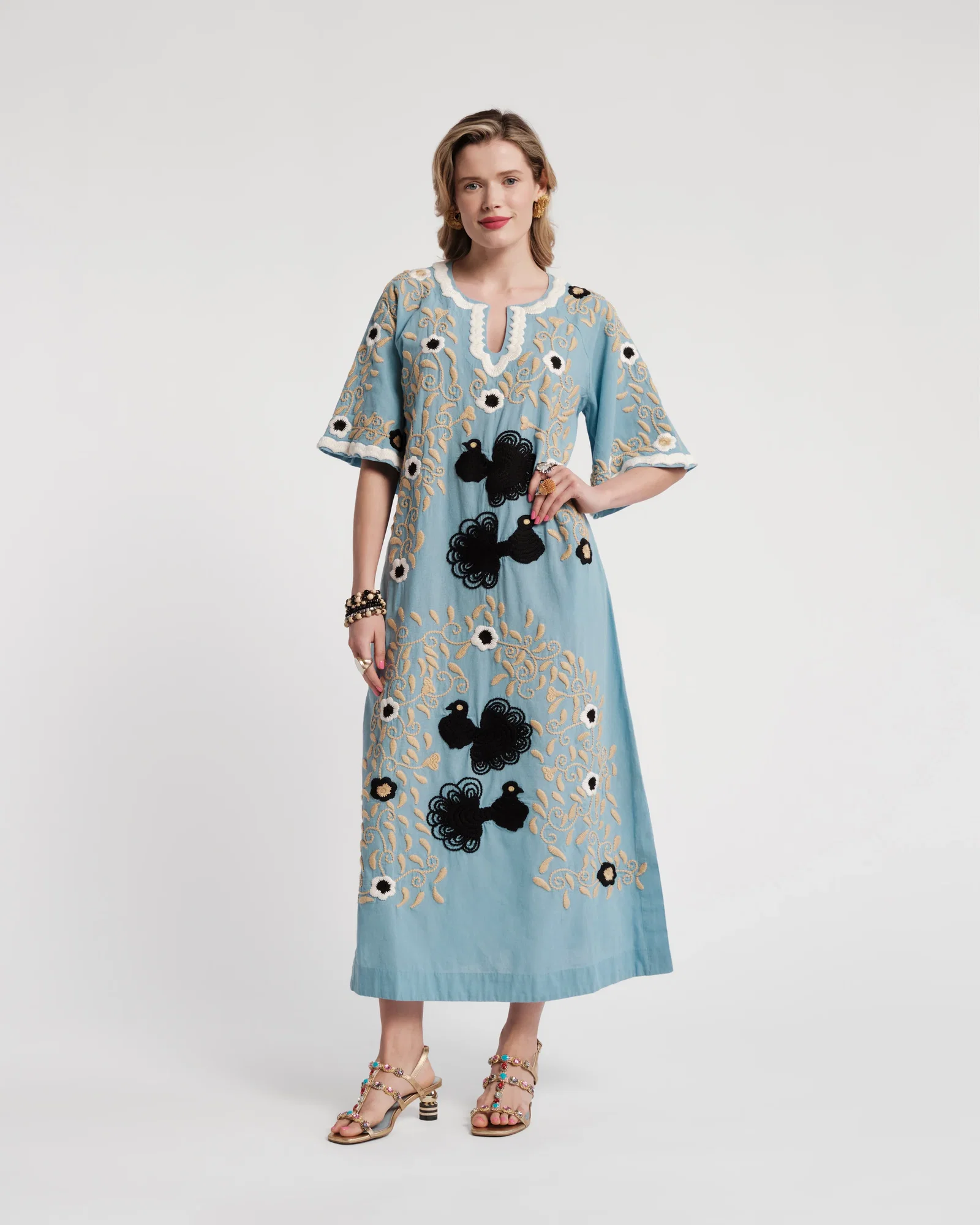 Image of Embroidered Charming Caftan - Light Blue/Black
