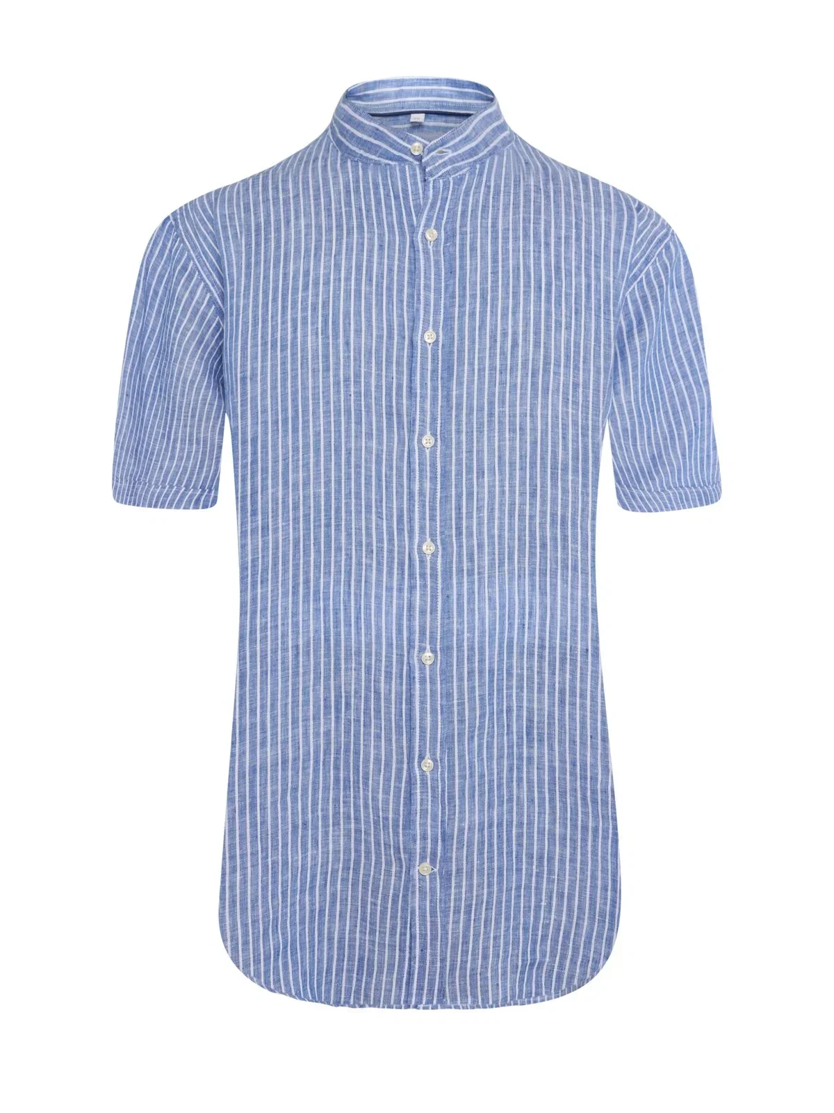 Short-sleeved linen shirt with striped pattern and stand-up collar
