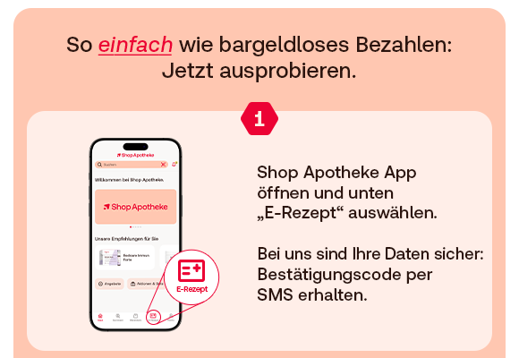 Schritt 1 zur Nutzung des E-Rezepts mit dem Text: „So einfach wie bargeldloses Bezahlen: Jetzt ausprobieren.“ Rechts der Hinweis: „Shop Apotheke App öffnen und unten ‚E-Rezept‘ auswählen. Bei uns sind Ihre Daten sicher: Bestätigungscode per SMS erhalten.“ Links ein Smartphone mit geöffneter Shop Apotheke App und markiertem E-Rezept-Icon im unteren Menü.