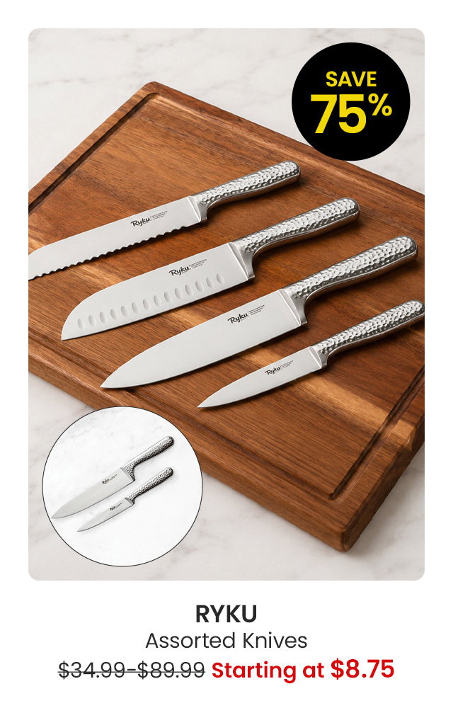 Assorted kitchen knives displayed on a wooden cutting board
