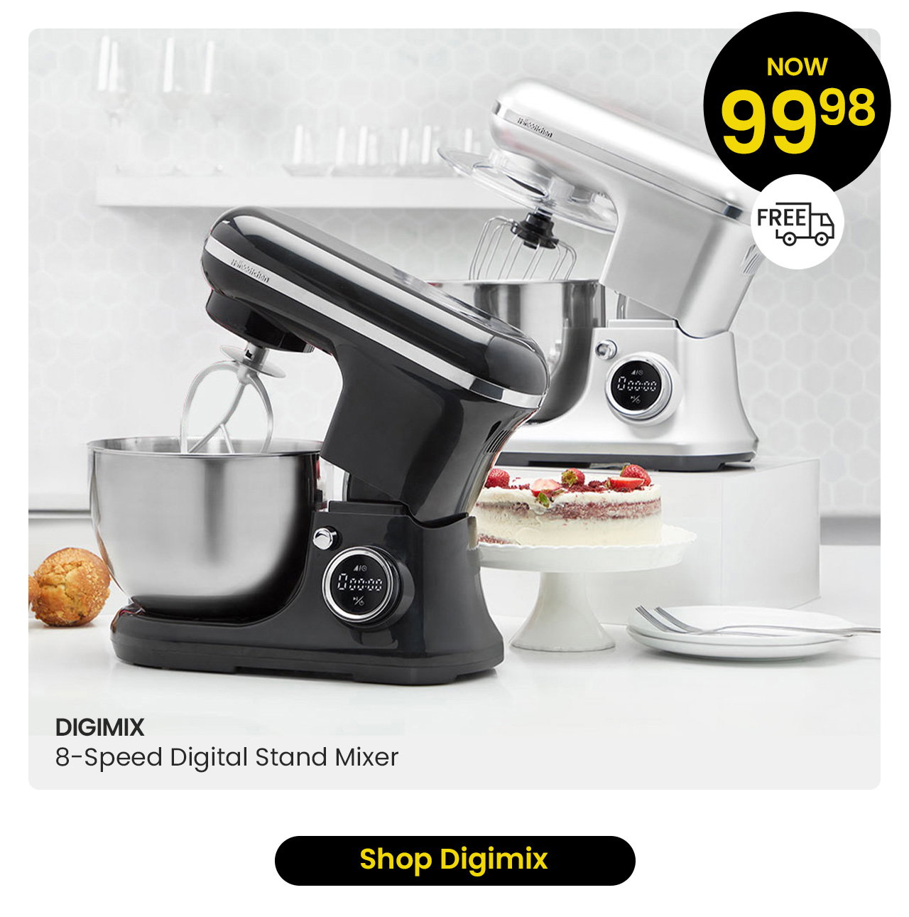 Digital stand mixer displayed with a mixing bowl and cake