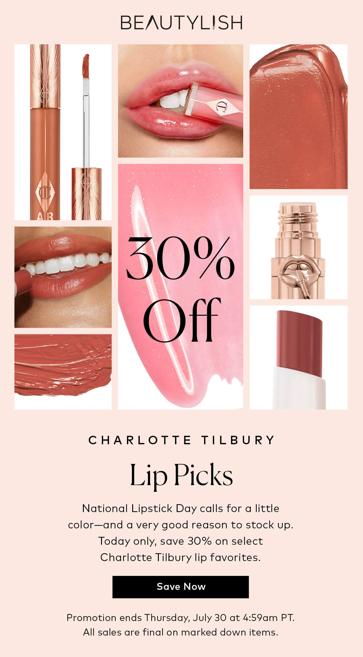 National Lipstick Day calls for a little color—and a very good reason to stock up. Today only, save 30% on select Charlotte Tilbury lip favorites at Beautylish.com. Promotion ends Thursday, July 30 at 4:59am PT. All sales final on marked down items.