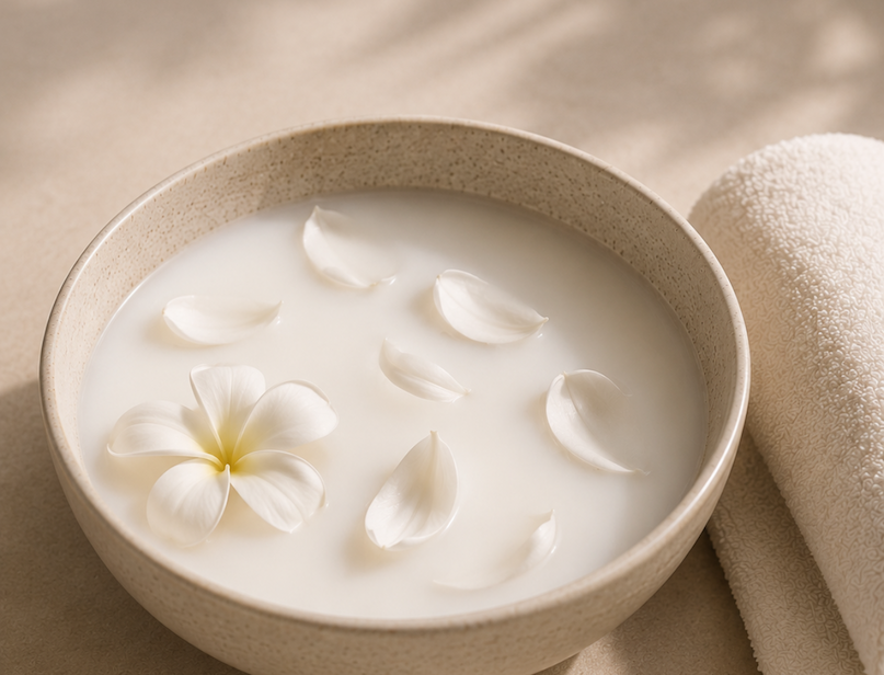 Ceramic bowl of creamy coconut milk soak with white flower petals and a rolled white towel.