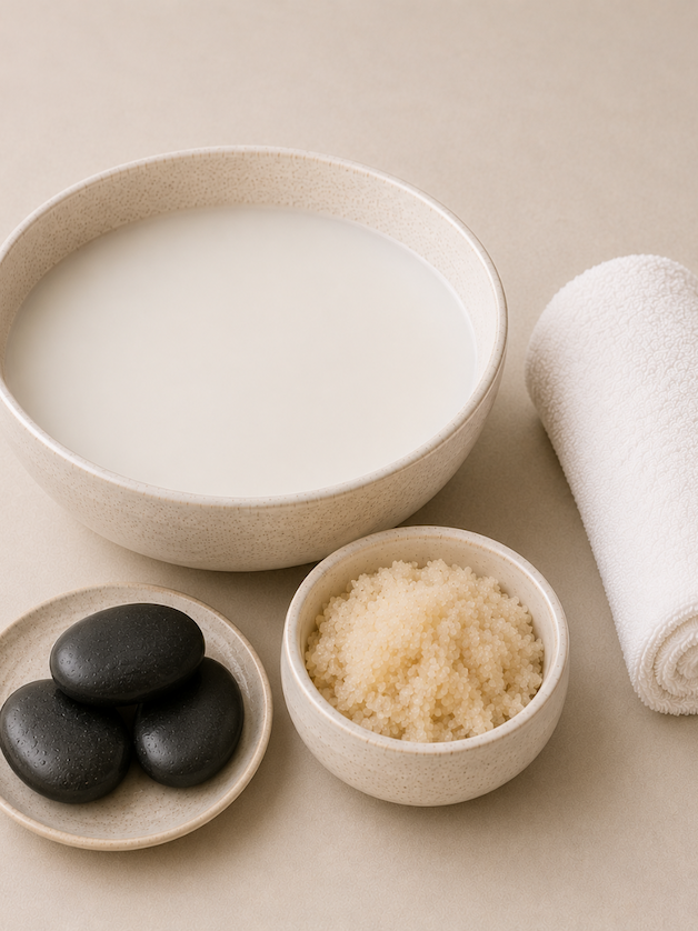 Foot soak with exfoliating scrub, hot stones, and a rolled towel arranged for a spa treatment.