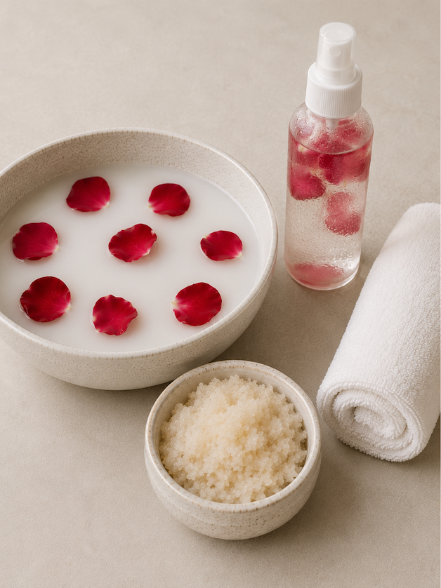 Foot soak with rose petals, exfoliating scrub, a hydrating mist, and a rolled towel for a spa treatment.
