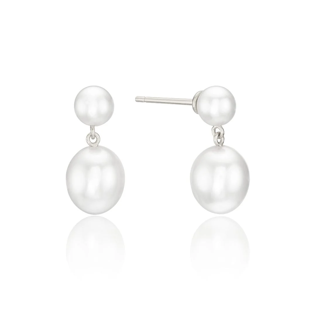 Image of Silver Double Pearl Drop Stud Earrings
