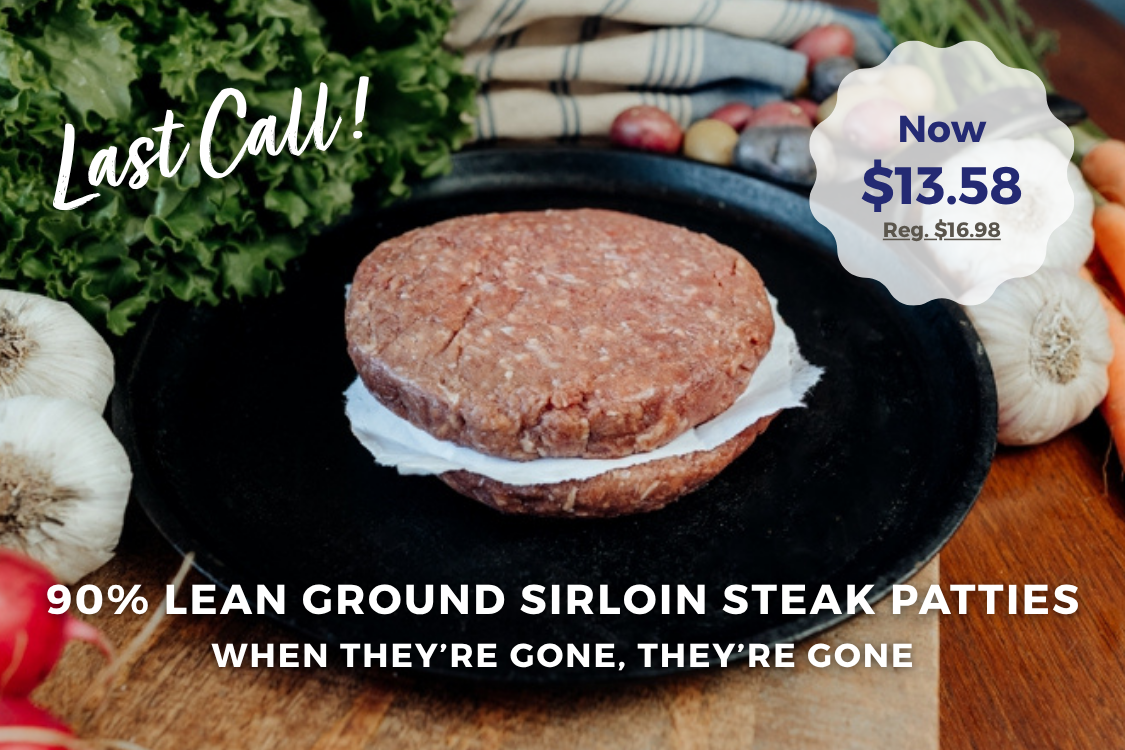 ground sirloin patties on cast iron skillet, on sale now