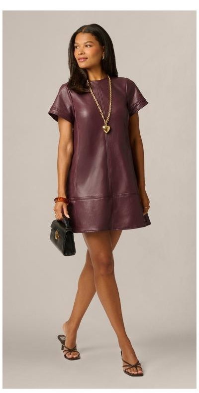 Short Sleeve Faux Leather Everyday Shift Dress In Black Cherry