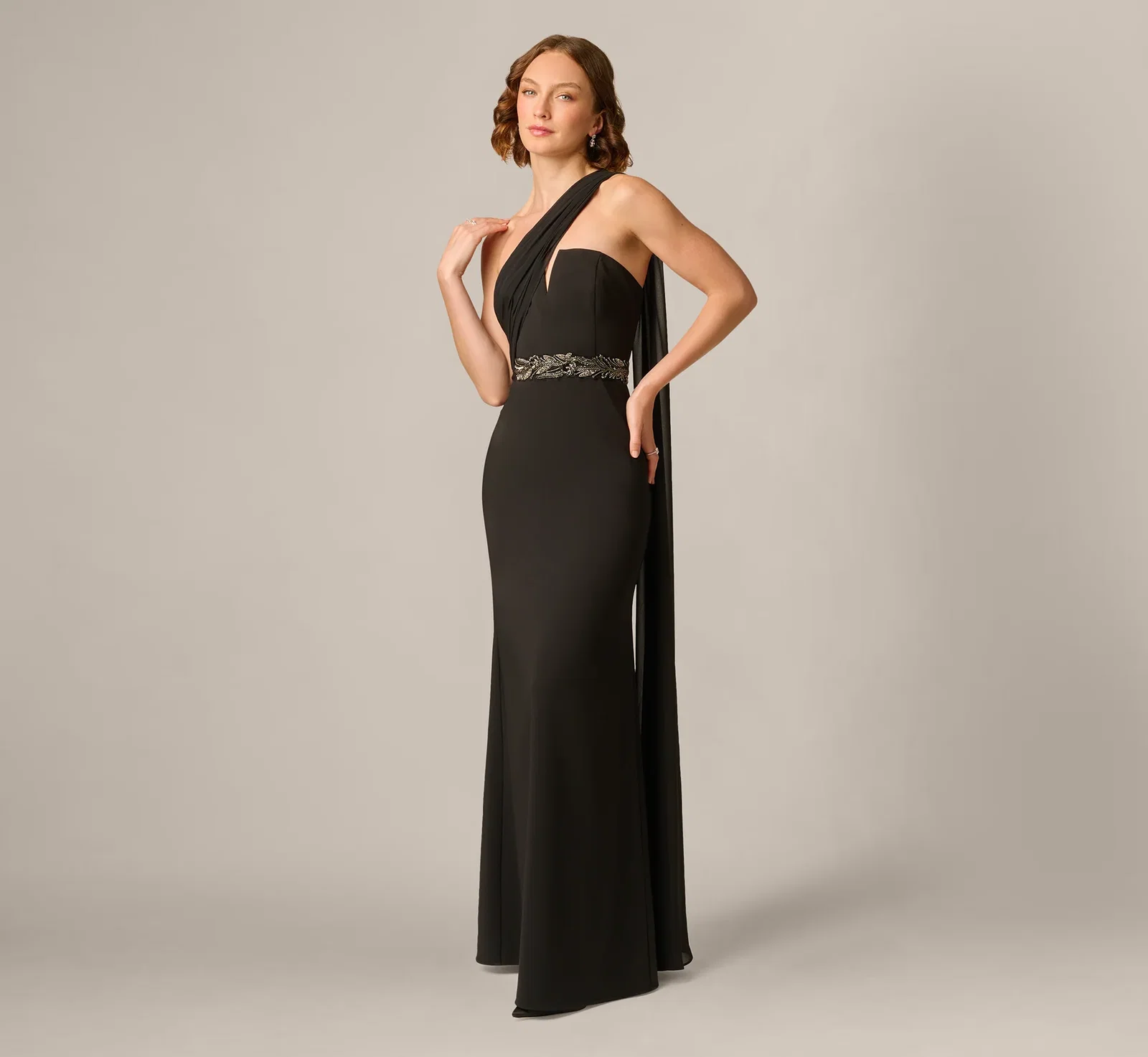 Image of Strapless Beaded Waist Draped Scarf Gown In Black