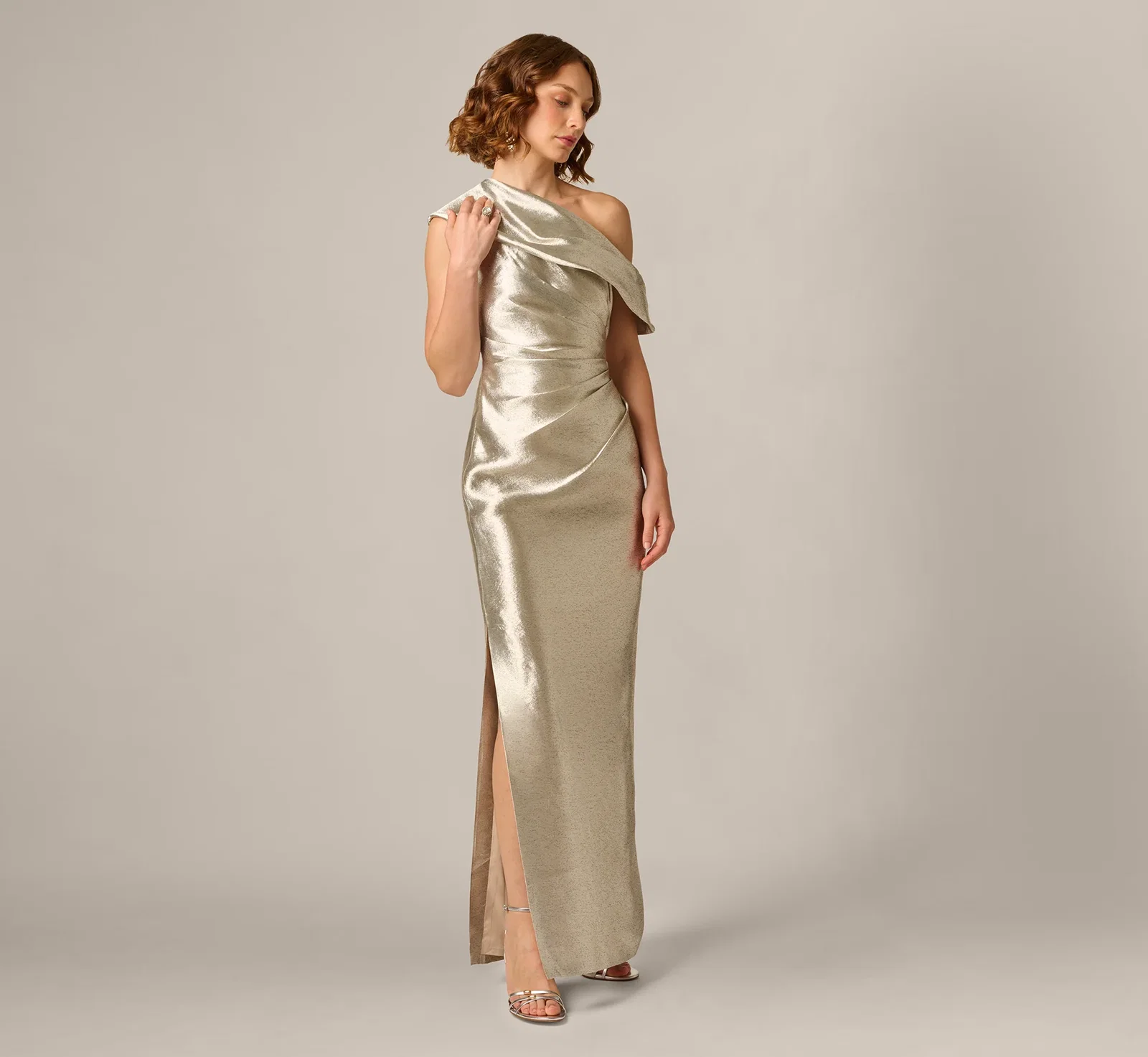Image of Draped One Shoulder Textured Metallic Jacquard Gown In Light Gold