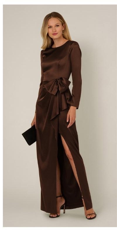Long Sleeve Satin Bow Gown In Chocolate