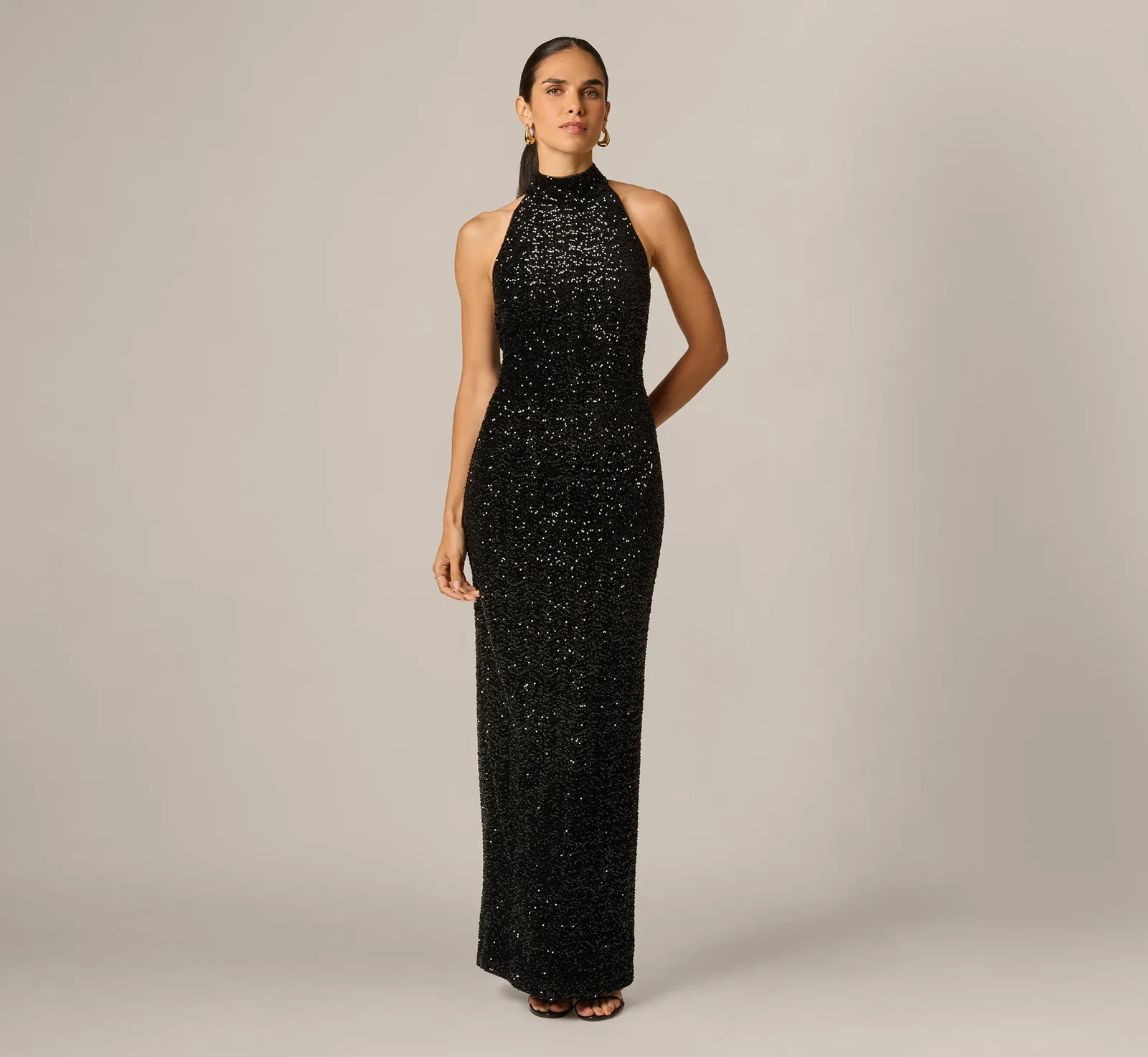Image of Sequin Velvet Open Back Halter Gown In Black