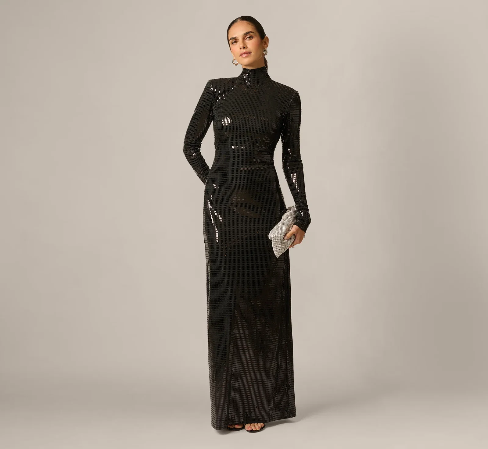 Image of Long Sleeve Shimmer Knit Open Back Gown In Black